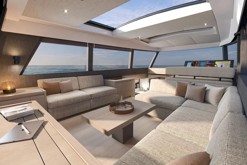 Slide: The Image of Luxurious interior of 2027 Pardo Yachts GT65 with modern furnishings and ocean view. - 5