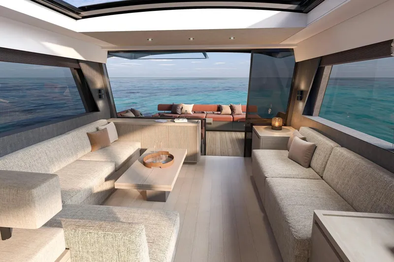 Slide: The Image of Luxurious interior of 2027 Pardo Yachts GT65 with ocean view and modern furnishings. - 6