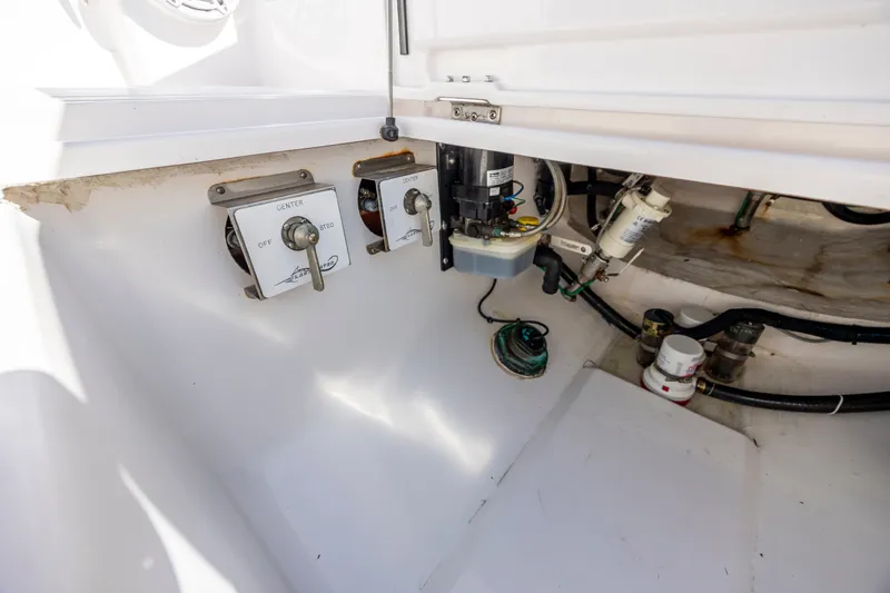 Slide: The Image of Bilge area of 2022 Blackwater 36 Sport boat with control switches and wiring. - 41