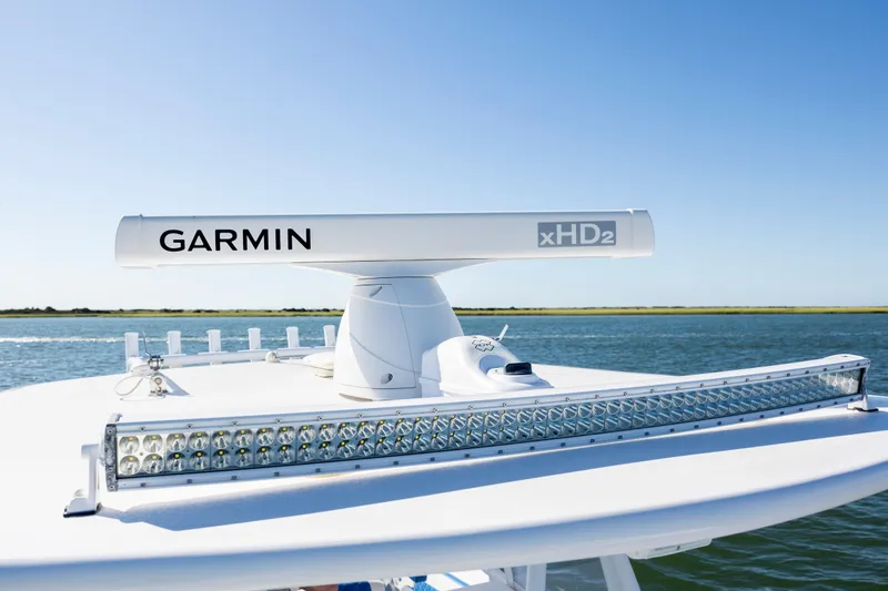 Slide: The Image of 2022 Blackwater 36 Sport boat with Garmin xHD2 radar on open water. - 19