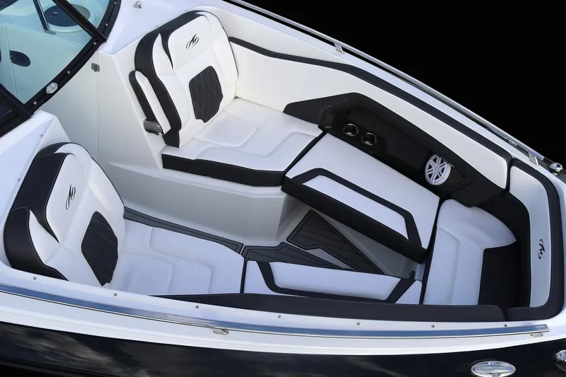 Slide: The Image of Manufacturer Provided Image: 2023 Monterey 305SS Super Sport boat interior with sleek black and white seating. - 5
