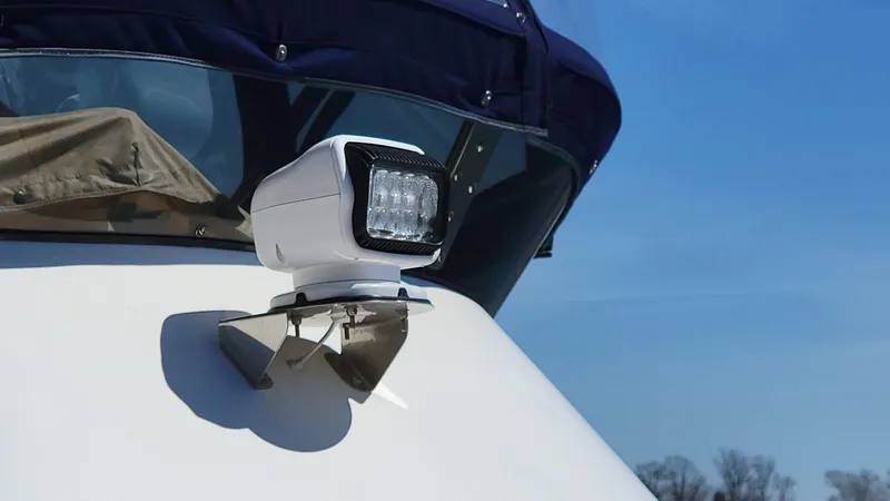 Slide: The Image of Close-up of a spotlight on a 2003 Pacific Seacraft 38T Fast Trawler. - 8