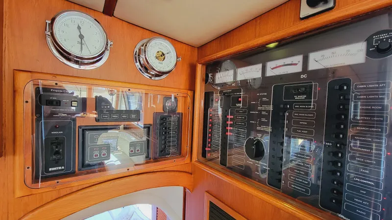 Slide: The Image of The image shows a boat's control panel with various instruments and switches. - 24