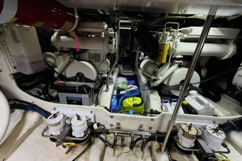 Slide: The Image of Engine room of a 2003 Pacific Seacraft 38T Fast Trawler, showcasing machinery and equipment. - 146