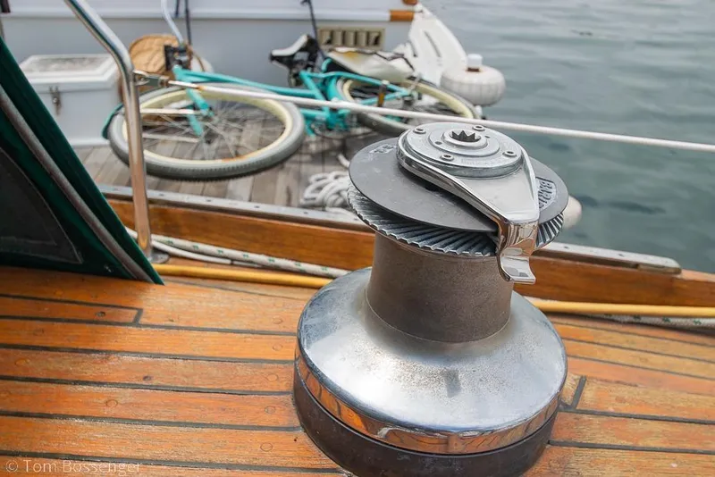 Slide: The Image of Deck of 1984 Cheoy Lee Pedrick 41 sailboat with winch and bicycle. - 25