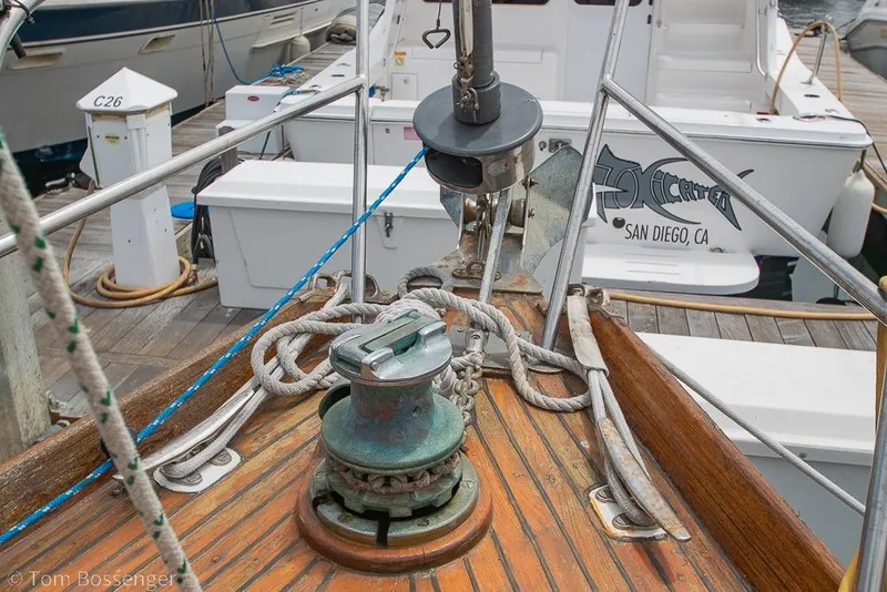 Slide: The Image of Bow of 1984 Cheoy Lee Pedrick 41 sailboat docked in San Diego marina. - 29