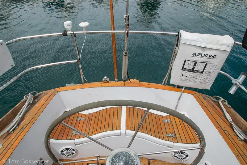 Slide: The Image of Cockpit of 1984 Cheoy Lee Pedrick 41 sailboat with wooden deck and lifesling. - 22