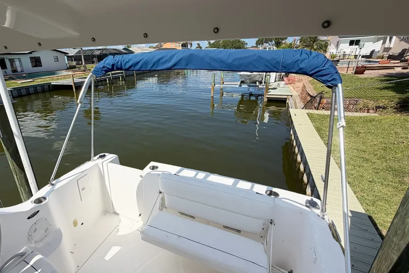 Slide: The Image of 2009 Bayliner Discovery 246 boat docked by a serene waterfront with a blue canopy. - 10