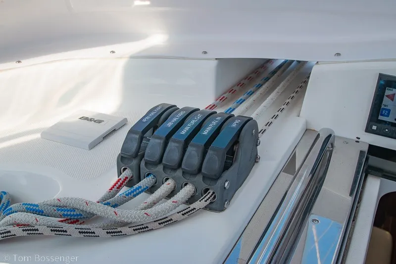 Slide: The Image of Rope clutches and control panel on 2009 Hunter 50 Center Cockpit sailboat. - 65