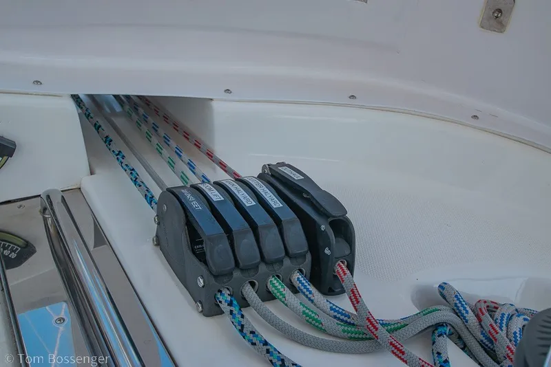 Slide: The Image of Close-up of rope clutches on a 2009 Hunter 50 Center Cockpit sailboat. - 64