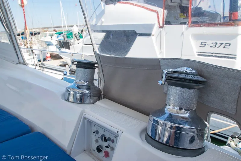 Slide: The Image of Interior view of a 2009 Hunter 50 Center Cockpit sailboat with winches and control panel. - 57