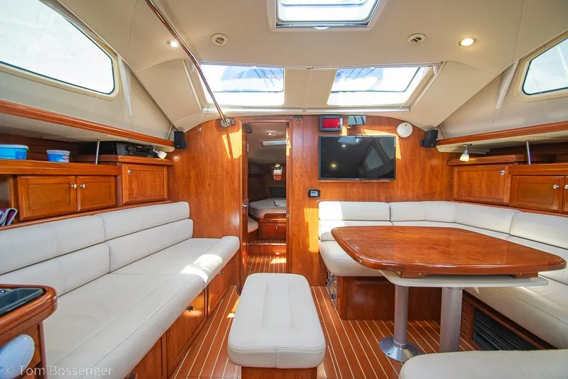 Slide: The Image of Luxurious interior of 2009 Hunter 50 Center Cockpit yacht with wood finish and skylights. - 17
