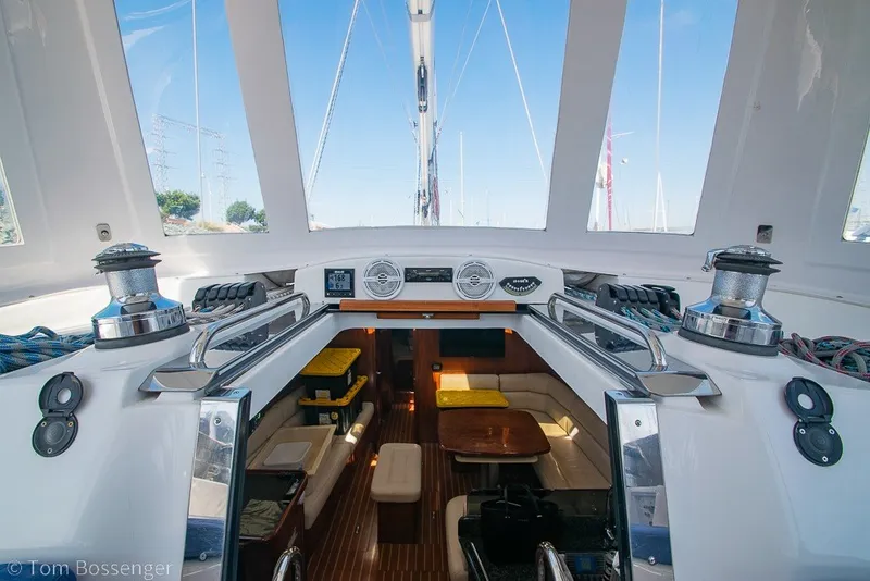 Slide: The Image of Interior view of 2009 Hunter 50 Center Cockpit sailboat, showcasing cockpit and cabin. - 60