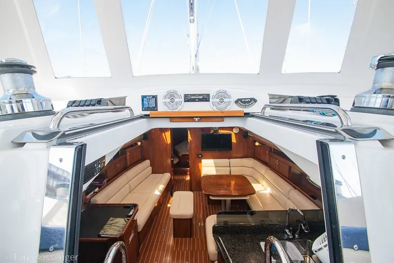 Slide: The Image of Luxurious interior of 2009 Hunter 50 Center Cockpit yacht with elegant seating and modern amenities. - 7