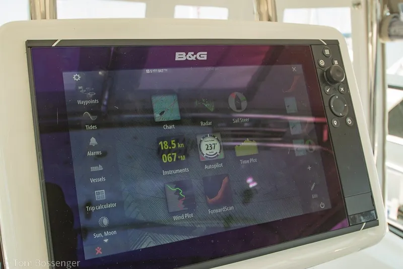 Slide: The Image of B&G navigation display on 2009 Hunter 50 Center Cockpit sailboat, showing various sailing metrics. - 55