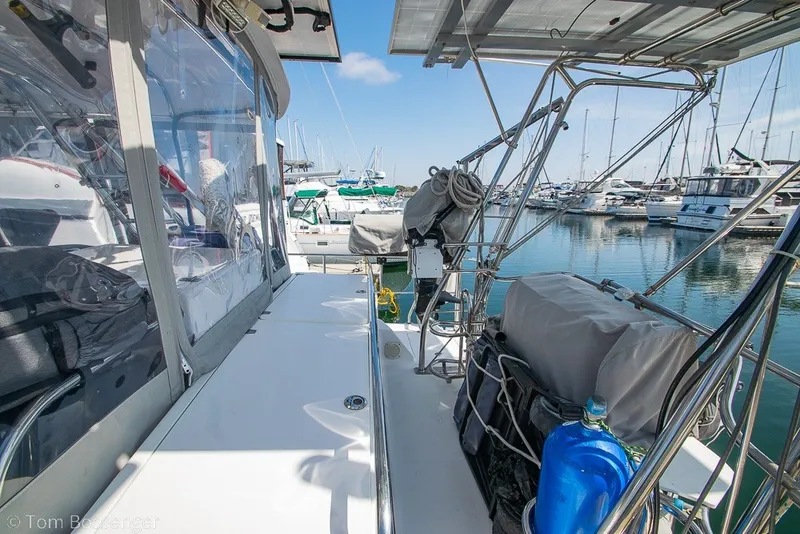 Slide: The Image of Hunter 50 Center Cockpit 2009 sailboat docked at marina, featuring spacious deck and equipment. - 71