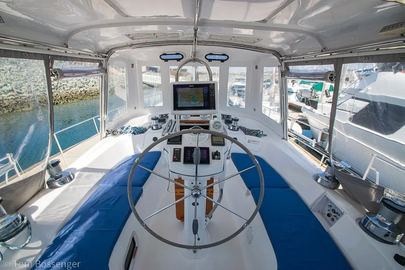 Slide: The Image of Interior view of a 2009 Hunter 50 Center Cockpit yacht with navigation equipment. - 47