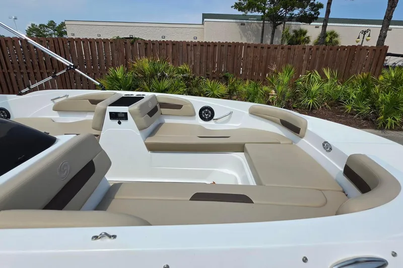 Slide: The Image of 2022 Hurricane SunDeck Sport 185 OB boat interior with beige seating and modern design. - 8