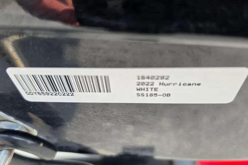 Slide: The Image of Barcode label on 2022 Hurricane SunDeck Sport 185 OB boat, white color. - 18