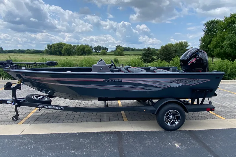 The Image of 2026 Ranger VS1782SC Angler boat on trailer, parked outdoors under a cloudy sky. - 0