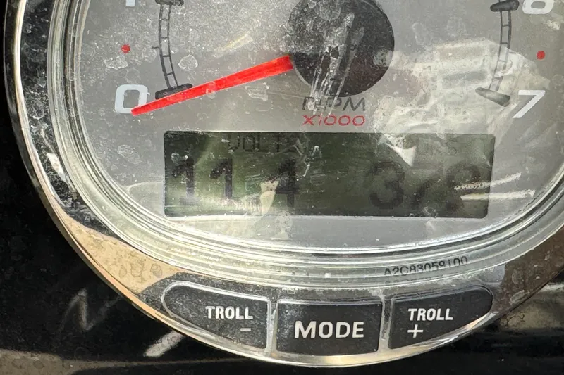 Slide: The Image of Close-up of a 2019 Formula 270 Bowrider tachometer displaying RPM and voltage. - 58