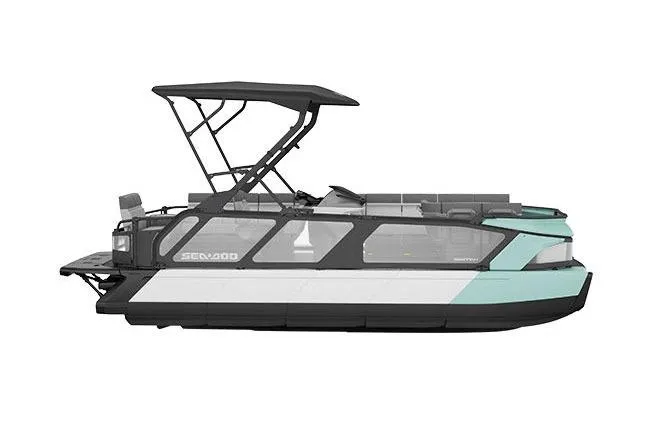 Slide: The Image of Manufacturer Provided Image: 2026 Sea-Doo Switch Cruise 21 pontoon boat with sleek design and canopy. - 16