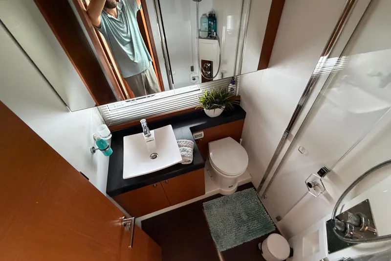 Slide: The Image of Bathroom interior of 2012 Prestige 500S yacht with modern fixtures and decor. - 34