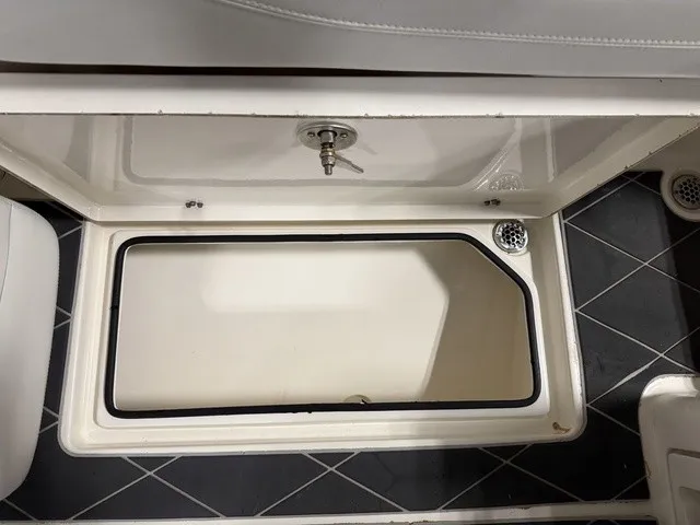 Slide: The Image of An open storage compartment on a 2020 Cobia 240DC boat, featuring a drain inside. - 15