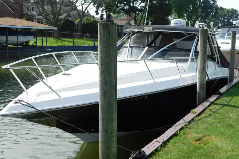 Slide: The Image of 2006 Fountain 38 LX boat docked by grassy shoreline. - 2