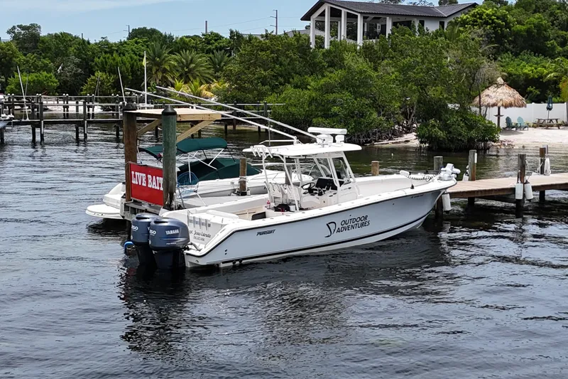 Slide: The Image of 2009 Pursuit C 310 Center Console boat docked near lush greenery and waterfront property. - 1