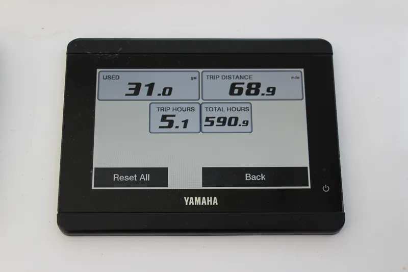 Slide: The Image of Yamaha display showing fuel usage, trip distance, and hours for 2022 Steiger Craft 21 Miami. - 34