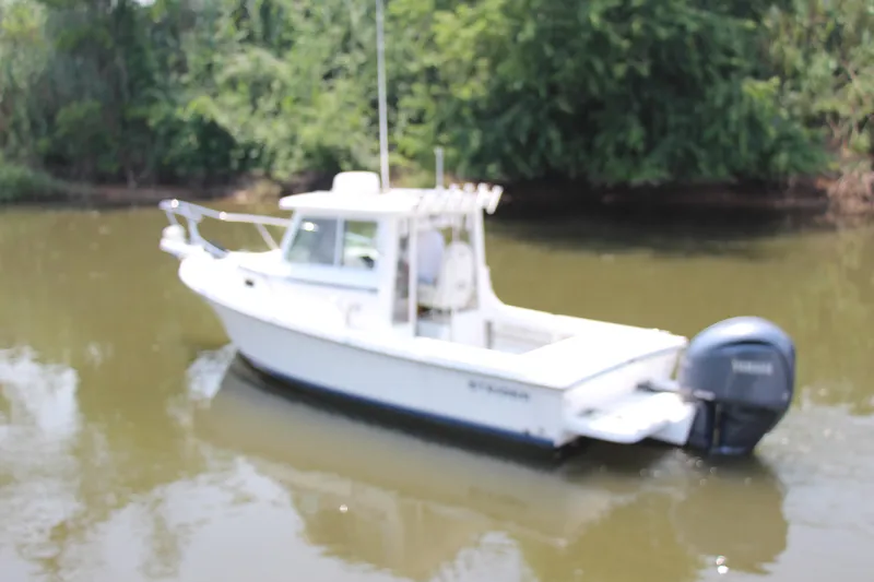 Slide: The Image of 2022 Steiger Craft 21 Miami boat on calm water, surrounded by lush greenery. - 6