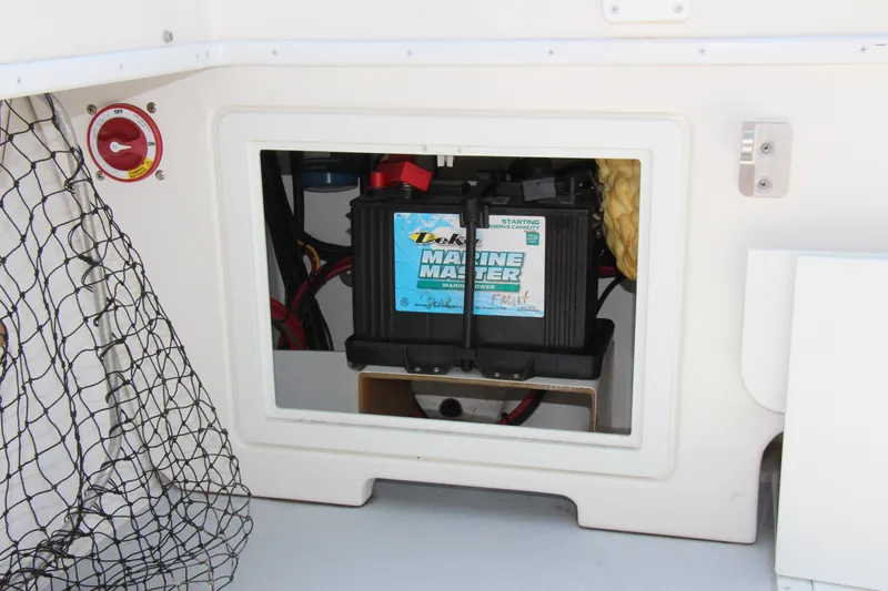 Slide: The Image of 2022 Steiger Craft 21 Miami boat battery compartment with Marine Master battery. - 25