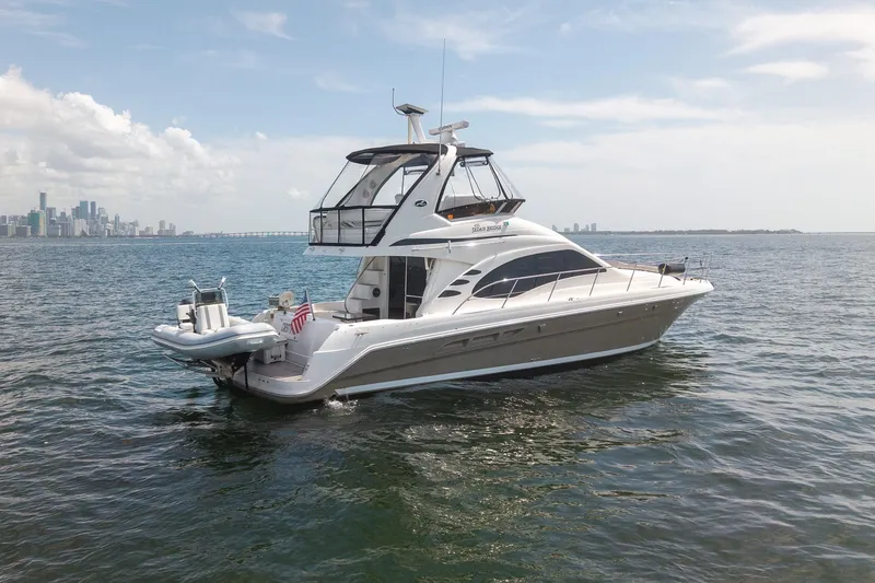 Slide: The Image of 2006 Sea Ray 455 Sedan Bridge yacht cruising on open water with city skyline backdrop. - 6