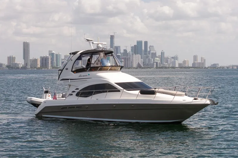 The Image of 2006 Sea Ray 455 Sedan Bridge yacht cruising near city skyline. - 0