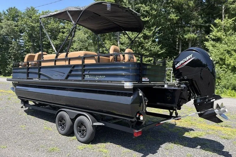 Slide: The Image of 2026 Ranger 220FC pontoon boat with Mercury outboard motor on a trailer. - 4
