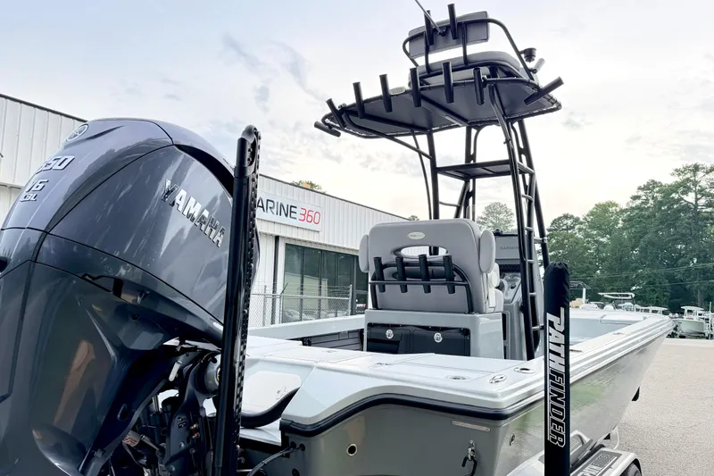 Slide: The Image of 2026 Pathfinder 2500 Hybrid boat with Yamaha engine at Marine 360 dealership. - 4