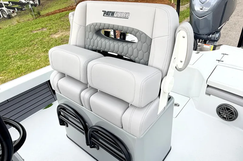 Slide: The Image of Pathfinder 2500 Hybrid 2026 boat seat with gray upholstery and armrests. - 19