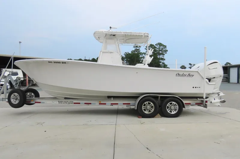 Slide: The Image of 2008 Onslow Bay 27 Offshore Edition boat on trailer, side view. - 8