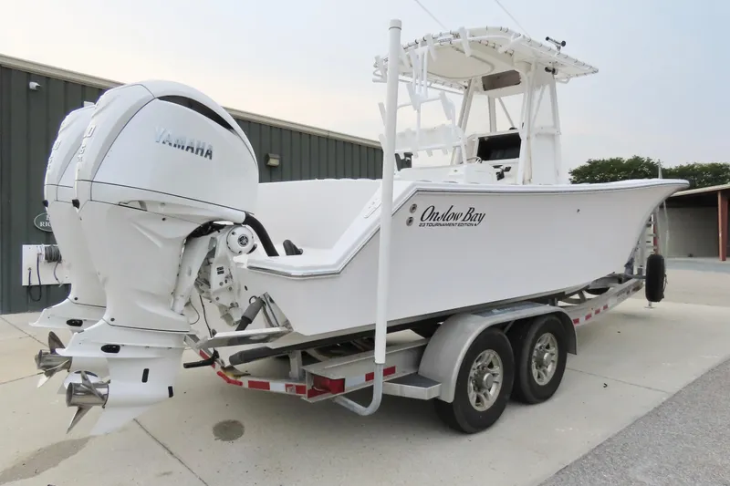 Slide: The Image of 2008 Onslow Bay 27 Offshore Edition boat on trailer with Yamaha engines. - 3