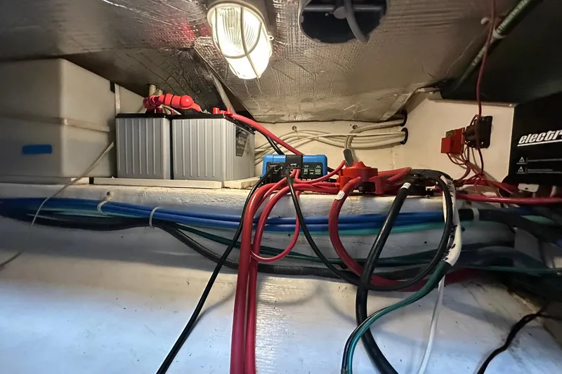 Slide: The Image of Electrical wiring and battery setup in a 2007 True North 38 Heritage boat. - 101