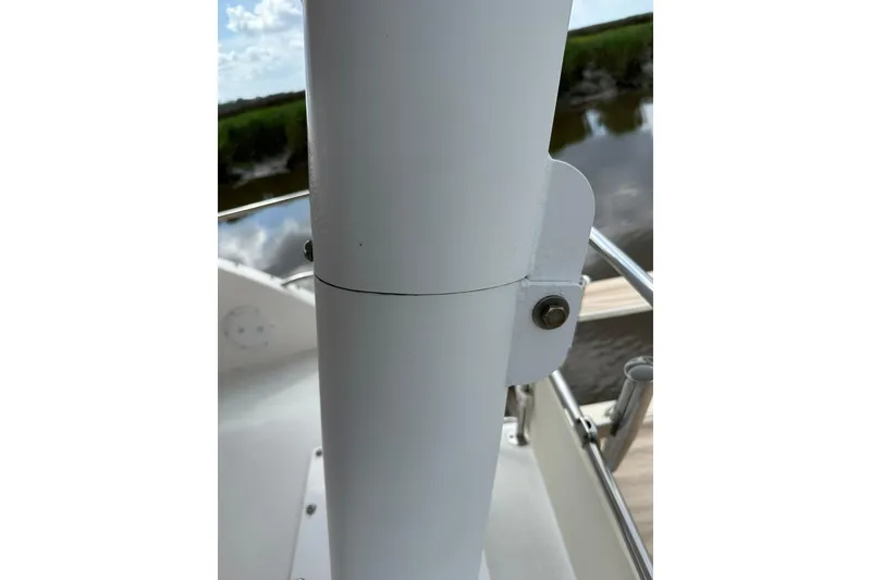 Slide: The Image of Close-up of a 2007 True North 38 Heritage boat's white metal structure. - 45