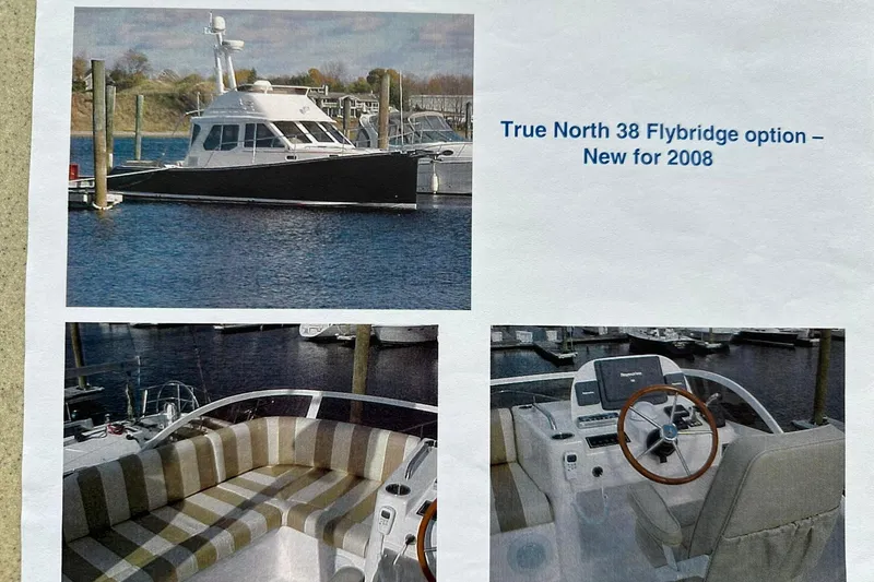 Slide: The Image of 2007 True North 38 Heritage yacht with flybridge option, featuring interior and exterior views. - 116