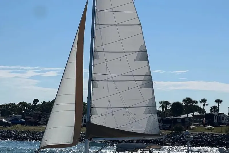 Slide: The Image of Sailboat Freedom 45 CC, 1995 model, sailing near a rocky shoreline with palm trees. - 1