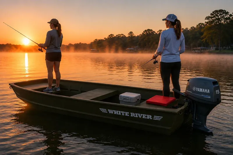 Slide: The Image of Two people fishing on a 2025 White River 1436 Topper boat at sunrise. - 6