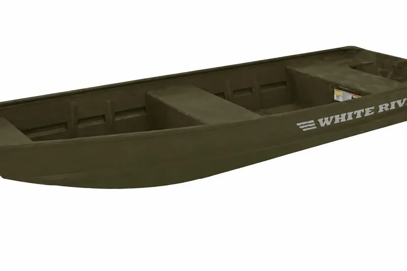 Slide: The Image of 2025 White River 1436 Topper boat, olive green, side view, showcasing interior layout. - 2
