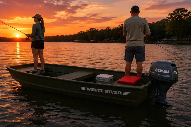 Slide: The Image of Two people fishing on a 2025 White River 1436 Topper boat at sunset. - 7