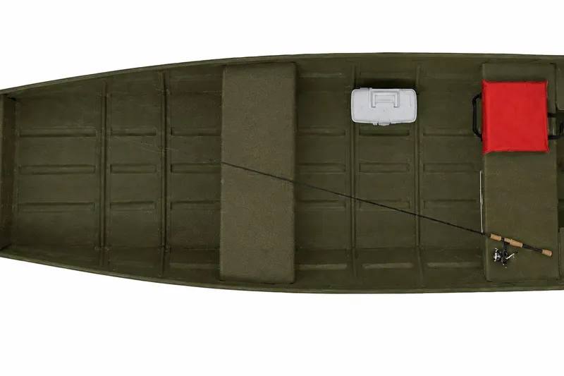 Slide: The Image of 2025 White River 1436 Topper boat interior with fishing gear and seating. - 3
