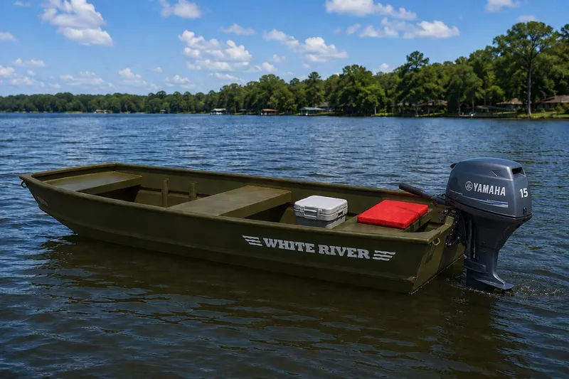Slide: The Image of 2025 White River 1436 Topper boat with Yamaha motor on a serene lake. - 5