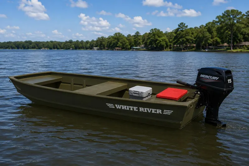 Slide: The Image of 2025 White River 1436 Topper boat with Mercury motor on a serene lake. - 4